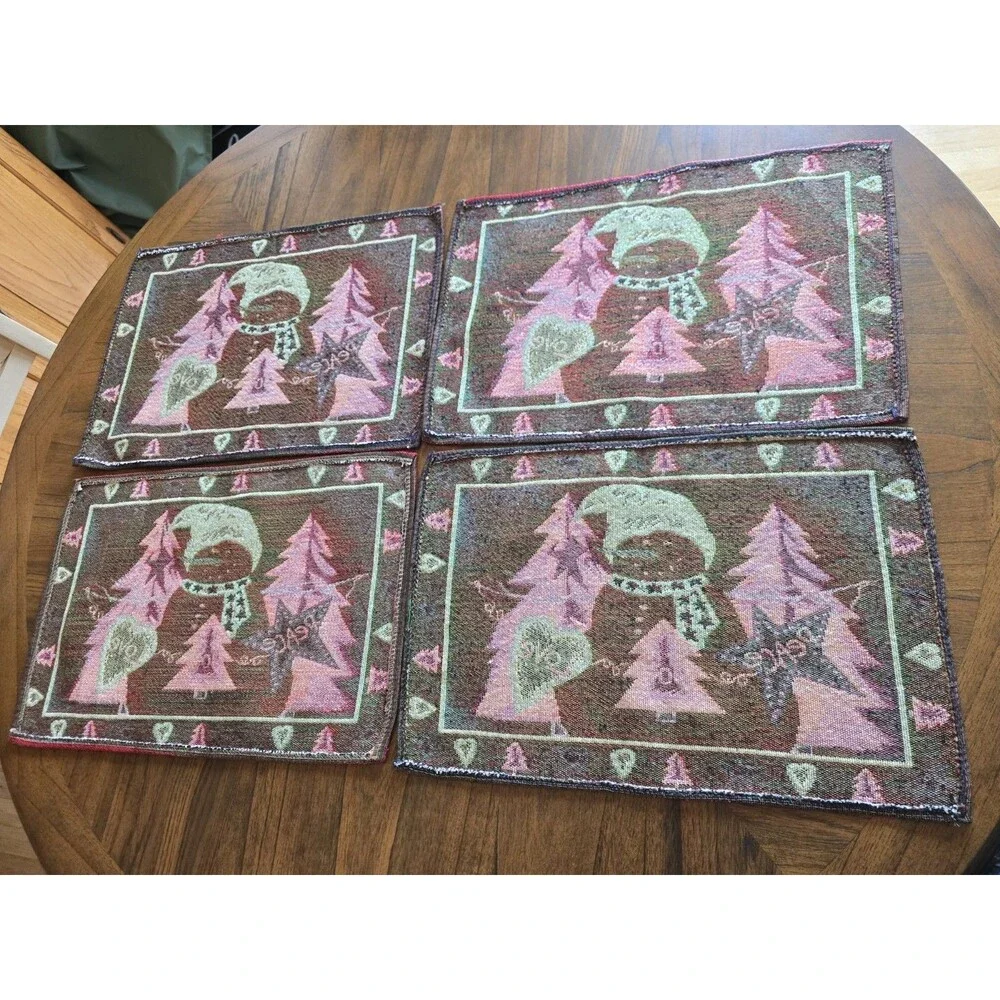 Christmas Snowman Tapestry Placemats Set of 4 Peace Joy Love Holiday Table Decor